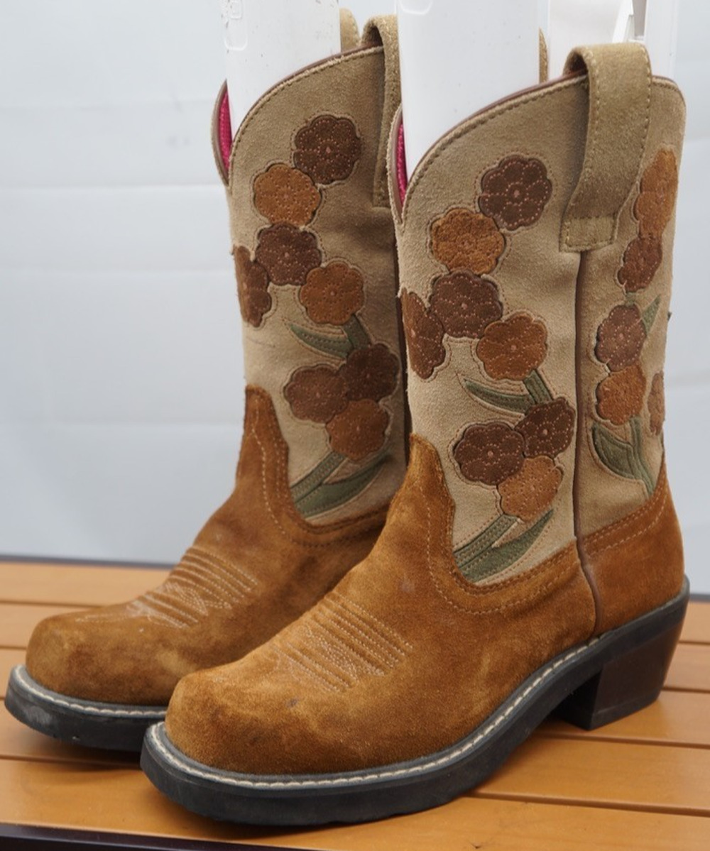 Ariat Chestnut Brown Tan Womens Suede Floral Boot Baby Fat Doll 6.5 Medium